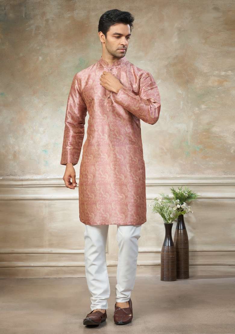 Pink Embroidered Silk Blend Kurta Pajama For Men - Indya