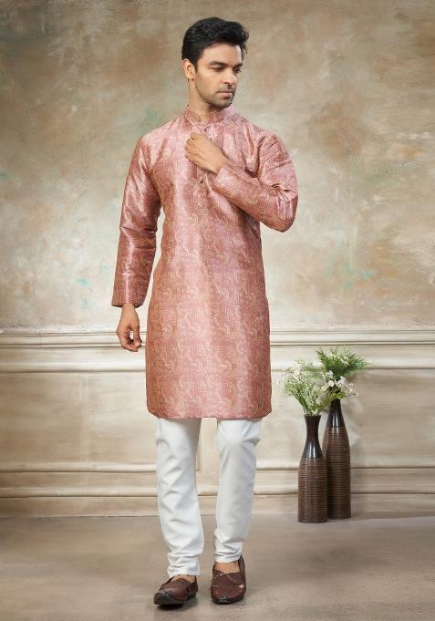 Pink Embroidered Silk Kurta Pajama For Men