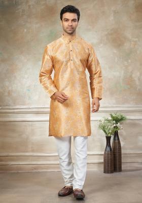 Yellow Embroidered Silk Blend Kurta Pajama For Men