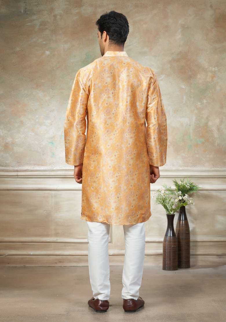 Yellow Embroidered Silk Blend Kurta Pajama For Men - Indya