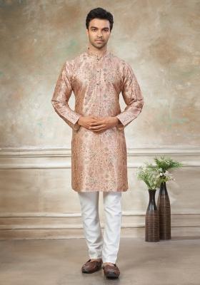 Peach Embroidered Silk Blend Kurta Pajama For Men