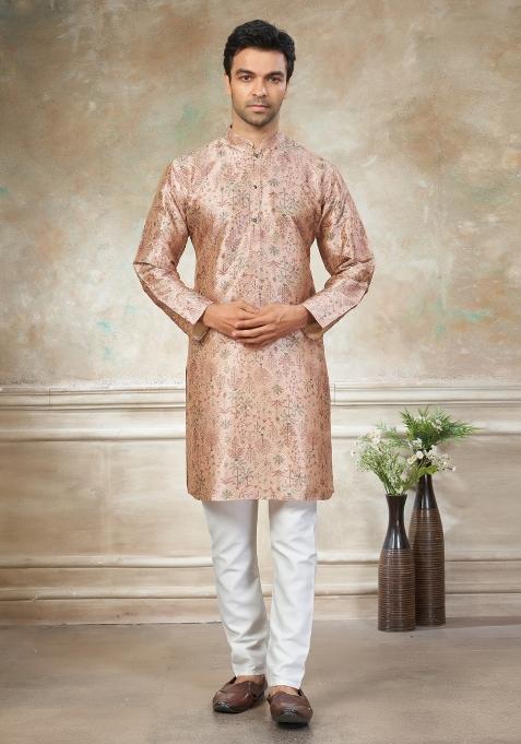 Peach Embroidered Silk Kurta Pajama For Men
