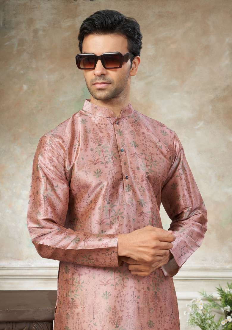 Pink Embroidered Silk Blend Kurta Pajama For Men - Indya