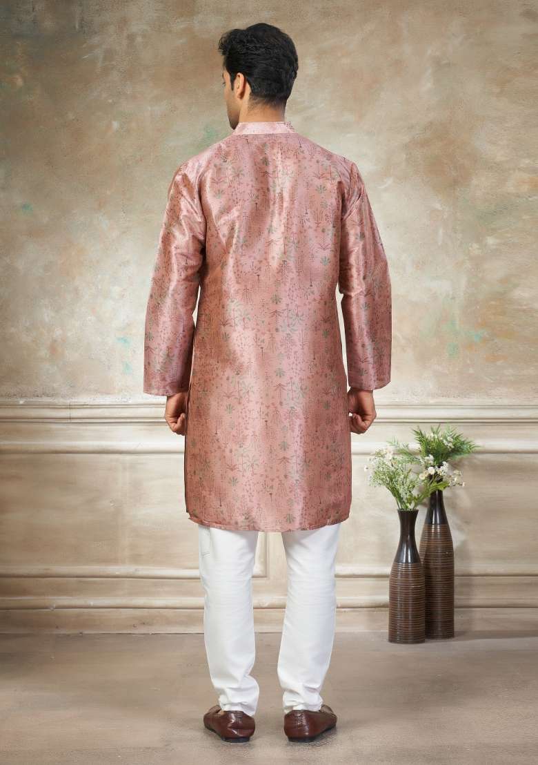 Pink Embroidered Silk Blend Kurta Pajama For Men - Indya