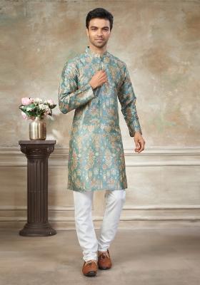 Sky Blue Embroidered Silk Kurta Pajama For Men