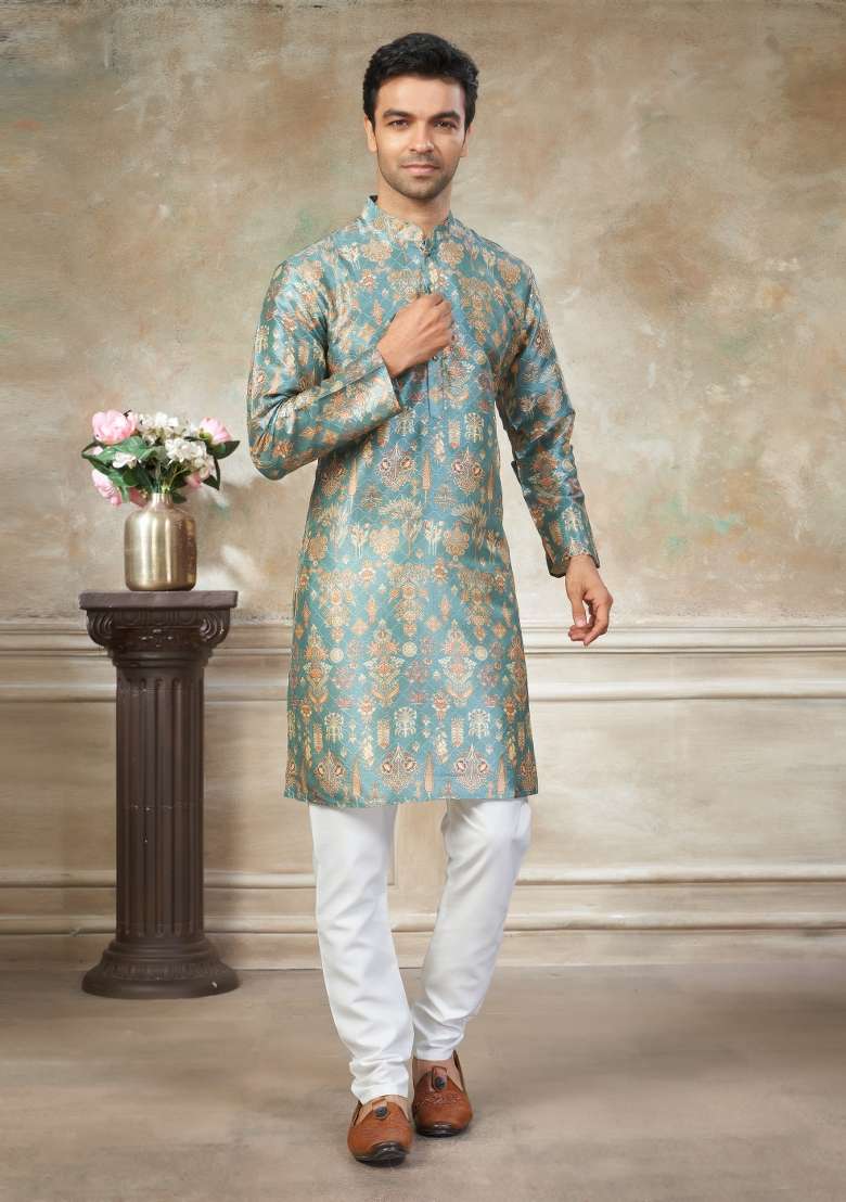Sky Blue Embroidered Silk Blend Kurta Pajama For Men - Indya