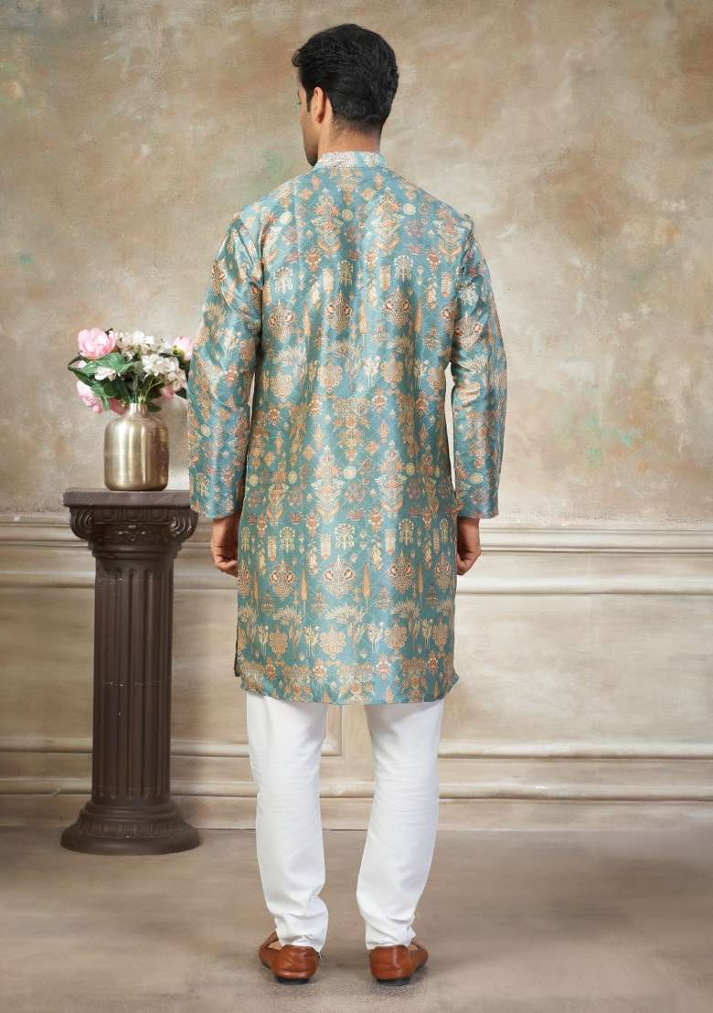 Sky Blue Embroidered Silk Blend Kurta Pajama For Men - Indya