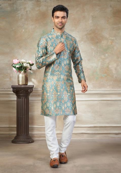 Sky Blue Embroidered Silk Blend Kurta Pajama For Men