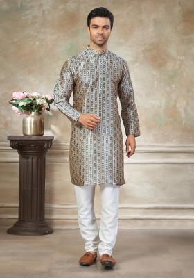 Teal Blue Embroidered Silk Kurta Pajama For Men