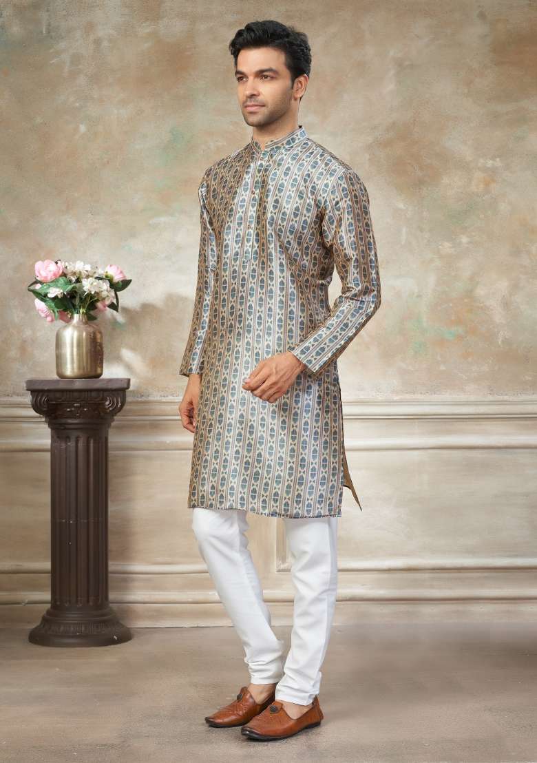 Teal Blue Embroidered Silk Blend Kurta Pajama For Men - Indya