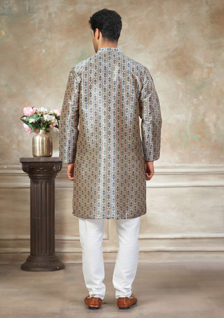 Teal Blue Embroidered Silk Blend Kurta Pajama For Men - Indya
