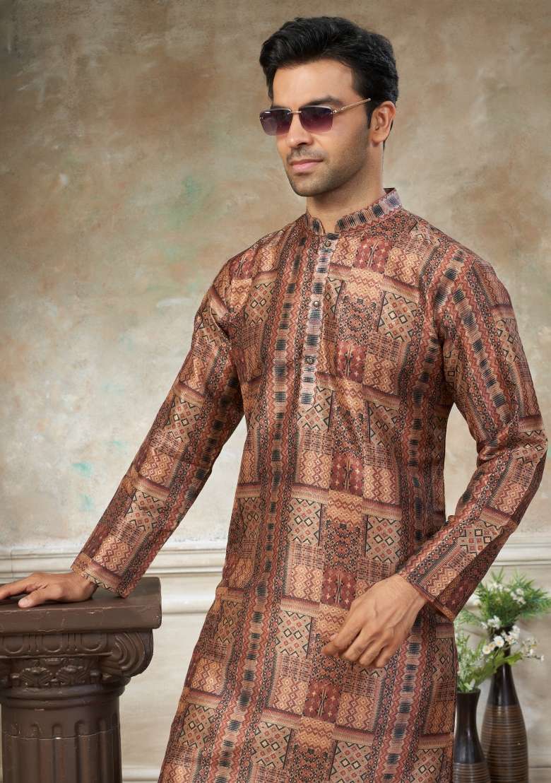 Maroon Embroidered Silk Blend Kurta Pajama For Men - Indya