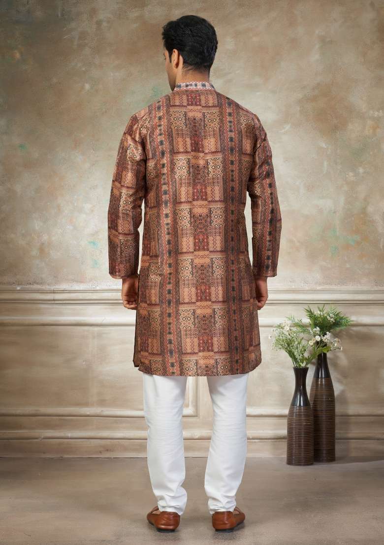 Maroon Embroidered Silk Blend Kurta Pajama For Men - Indya