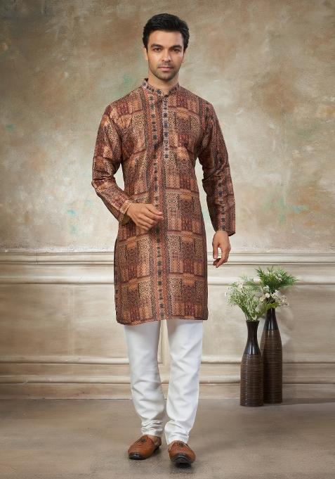 Maroon Embroidered Silk Blend Kurta Pajama For Men