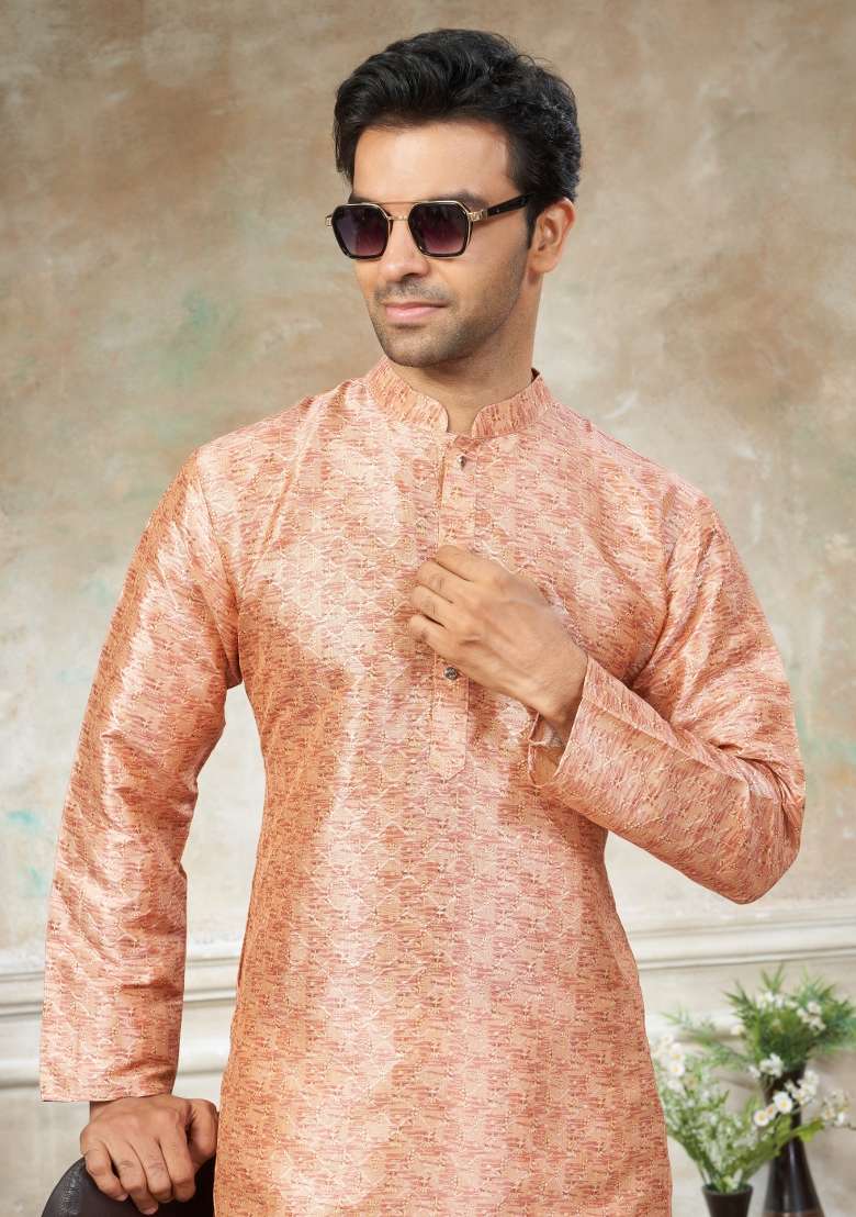 Peach Embroidered Silk Blend Kurta Pajama For Men - Indya