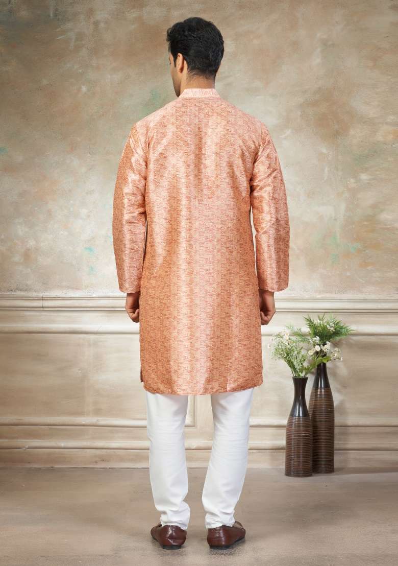 Peach Embroidered Silk Blend Kurta Pajama For Men - Indya