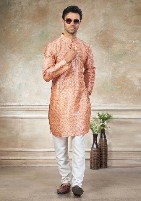 Peach Embroidered Silk Kurta Pajama For Men