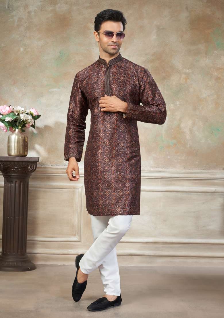 Maroon Embroidered Silk Blend Kurta Pajama For Men - Indya