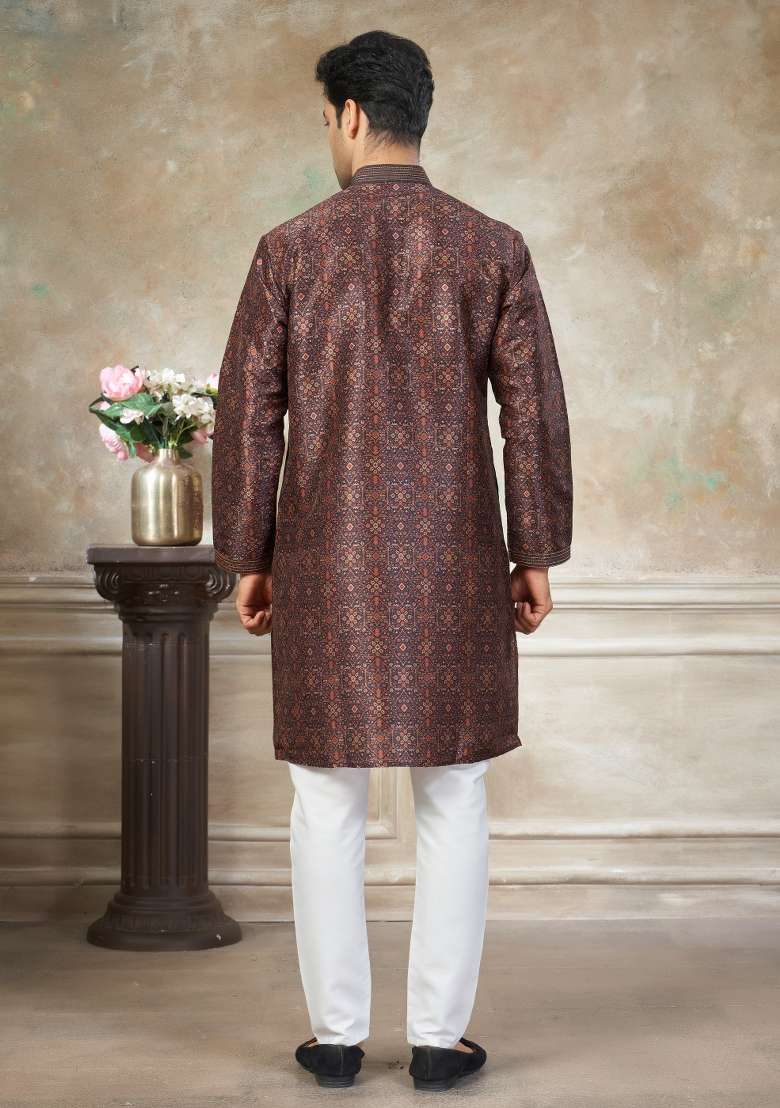 Maroon Embroidered Silk Blend Kurta Pajama For Men - Indya