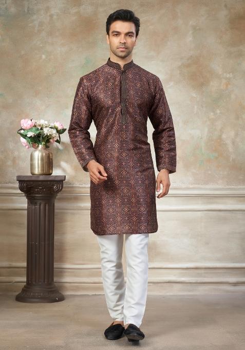 Maroon Embroidered Silk Blend Kurta Pajama For Men