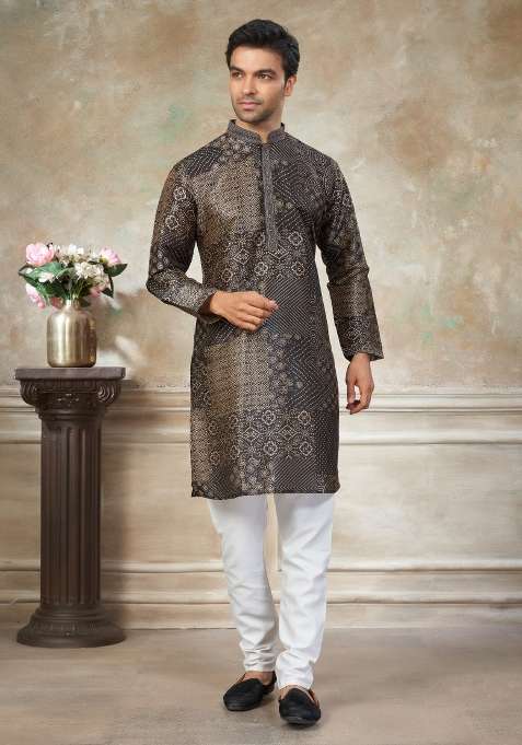Black Embroidered Silk Blend Kurta Pajama For Men