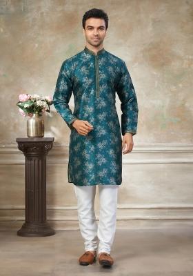 Teal Blue Embroidered Silk Kurta Pajama For Men