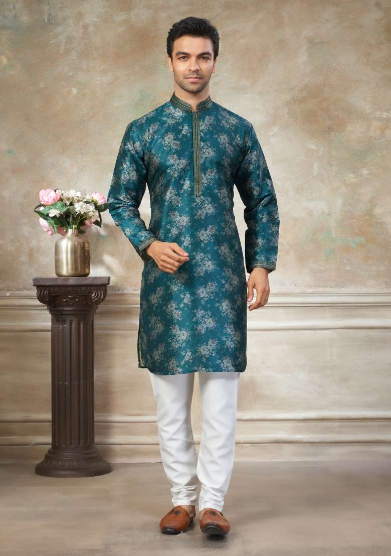 Teal Blue Embroidered Silk Blend Kurta Pajama For Men - Indya