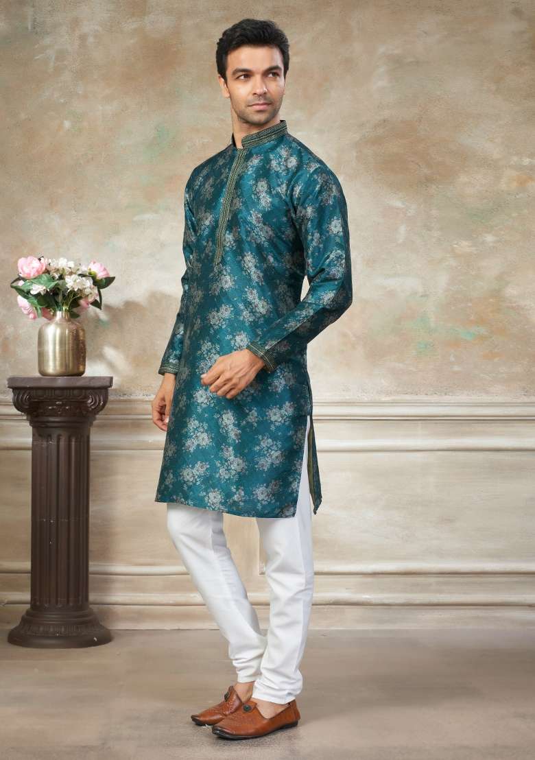 Teal Blue Embroidered Silk Blend Kurta Pajama For Men - Indya