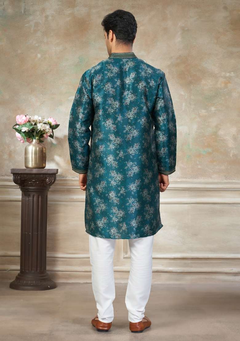 Teal Blue Embroidered Silk Blend Kurta Pajama For Men - Indya