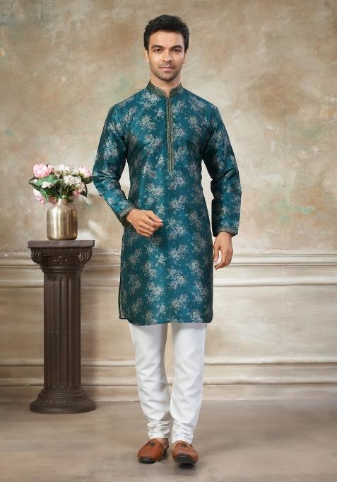 Teal Blue Embroidered Silk Blend Kurta Pajama For Men
