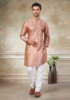 Peach Embroidered Silk Kurta Pajama For Men