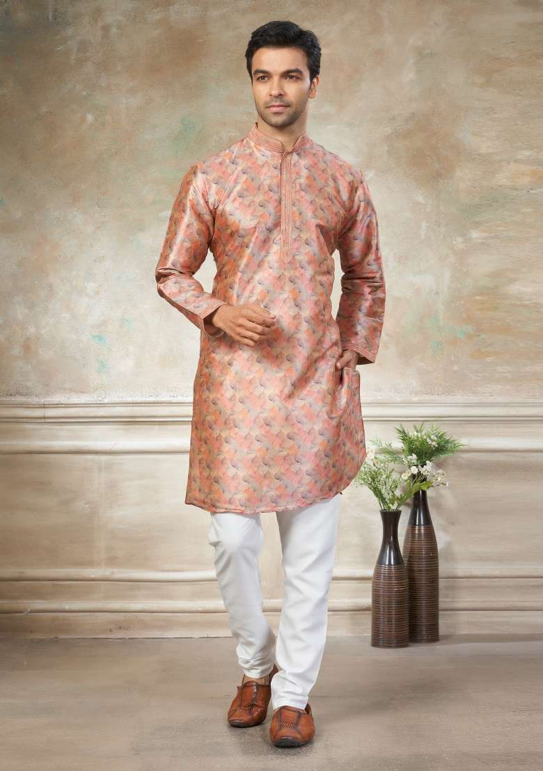 Peach Embroidered Silk Blend Kurta Pajama For Men - Indya