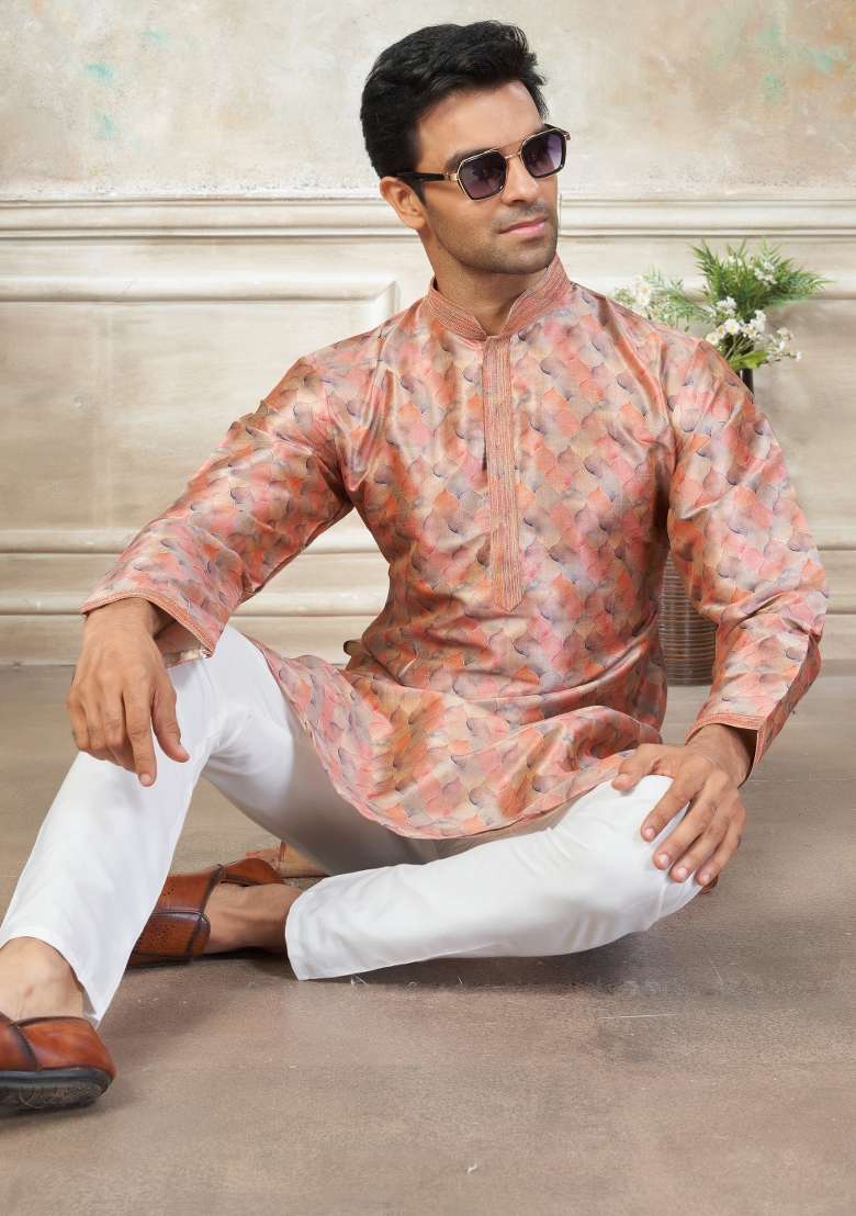 Peach Embroidered Silk Blend Kurta Pajama For Men - Indya