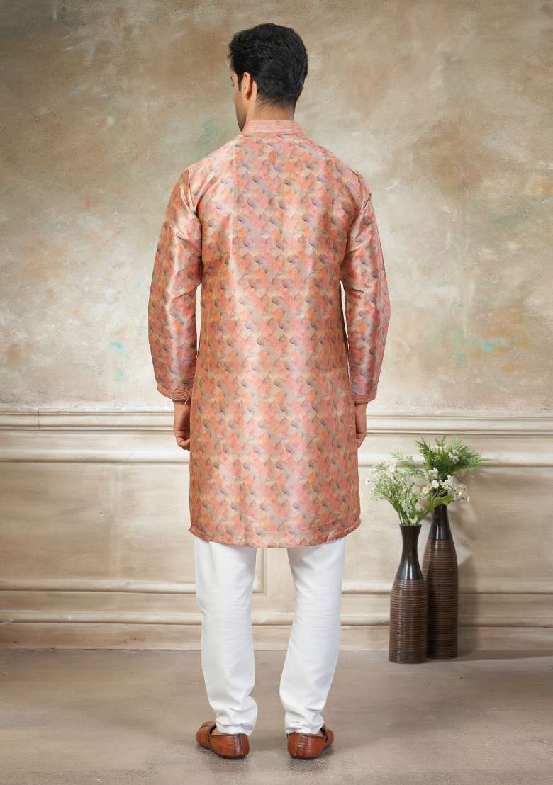 Peach Embroidered Silk Blend Kurta Pajama For Men - Indya