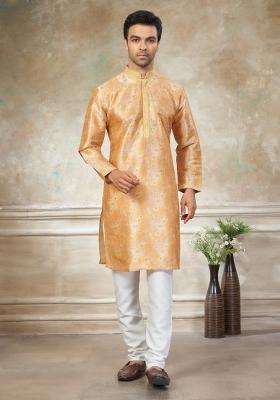 Yellow Embroidered Silk Kurta Pajama For Men
