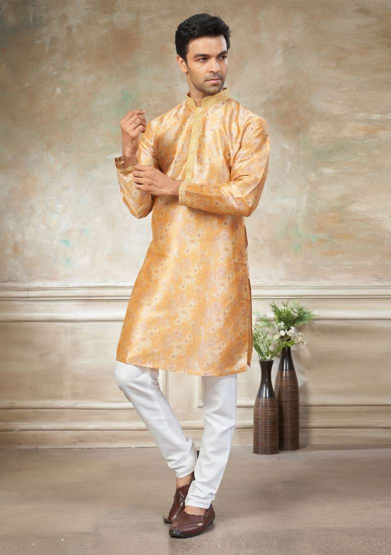 Yellow Embroidered Silk Blend Kurta Pajama For Men - Indya