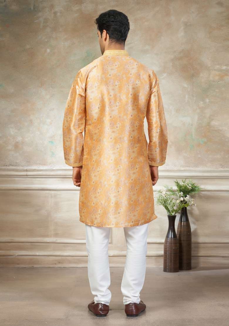Yellow Embroidered Silk Blend Kurta Pajama For Men - Indya