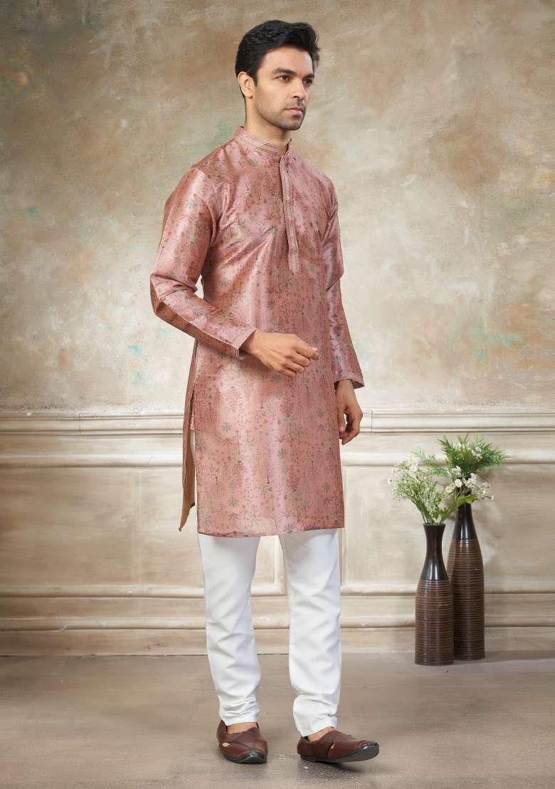 Pink Embroidered Silk Blend Kurta Pajama For Men - Indya
