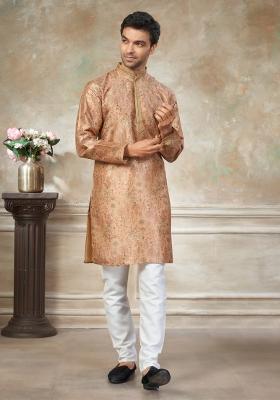 Peach Embroidered Silk Kurta Pajama For Men