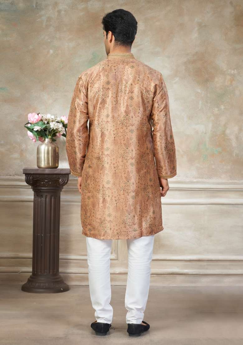 Peach Embroidered Silk Blend Kurta Pajama For Men - Indya