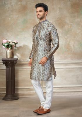 Teal Blue Embroidered Silk Kurta Pajama For Men