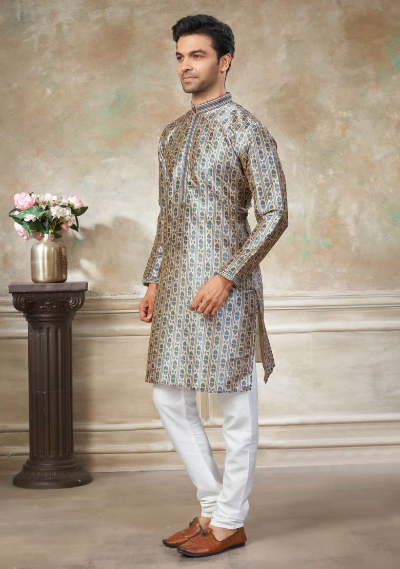 Teal Blue Embroidered Silk Blend Kurta Pajama For Men - Indya