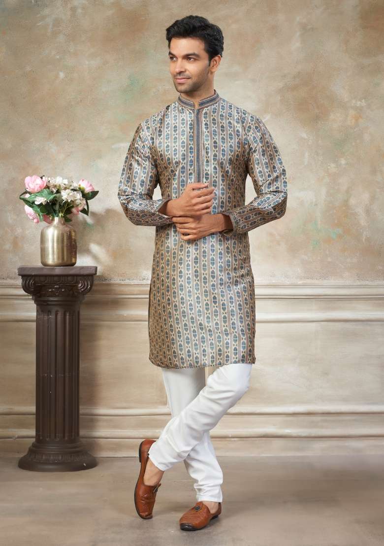 Teal Blue Embroidered Silk Blend Kurta Pajama For Men - Indya