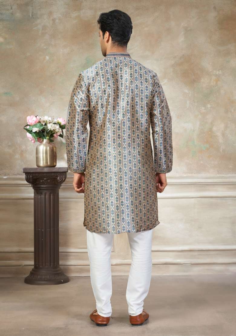 Teal Blue Embroidered Silk Blend Kurta Pajama For Men - Indya