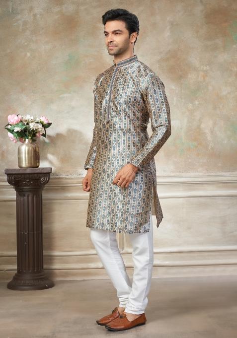 Teal Blue Embroidered Silk Blend Kurta Pajama For Men