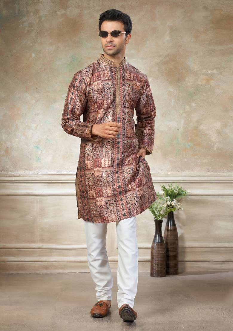 Peach Embroidered Silk Blend Kurta Pajama For Men - Indya