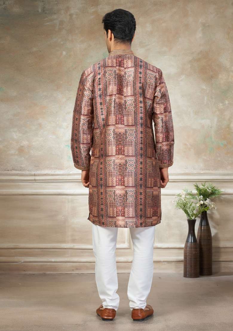 Peach Embroidered Silk Blend Kurta Pajama For Men - Indya