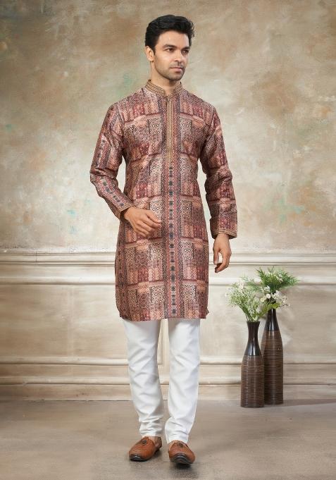 Peach Embroidered Silk Kurta Pajama For Men