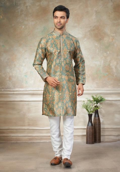 Blue Embroidered Silk Blend Kurta Pajama For Men