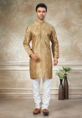 Yellow Embroidered Silk Kurta Pajama For Men